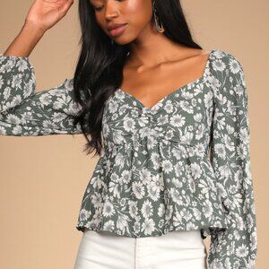 Lulus Let Your Love Blossom Sage Floral Print Long Sleeve Top Green - Size M